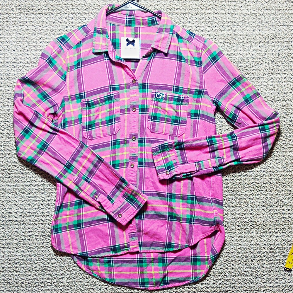 Gilly Hicks Sydney Women's Size S Pink Plaid Long Sleeve Collared Shirt Logo VD4
